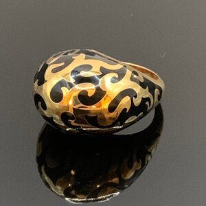Black Enamel Gold Tone REBECCA Chunky Dome Swirl Pattern Ring Size 6.75 J728
